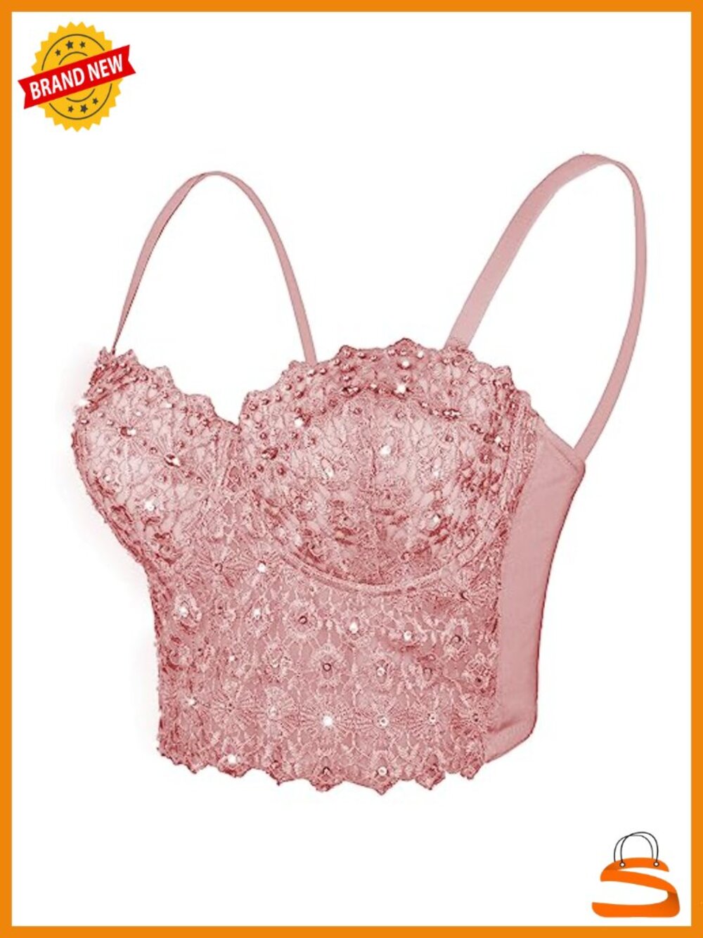Lace Rhinestone Bustier Crop Top Mesh Corset Bra Underwire Push Up Hook and Eye